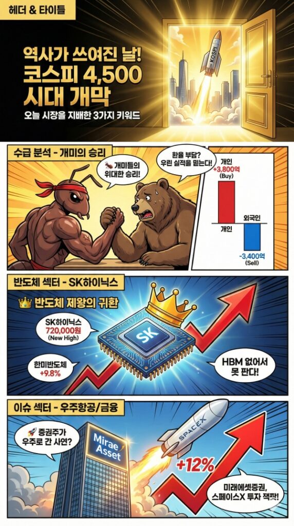 1월6일 주식마감시황 코스피 4500 시대 개막! 지금 안 사면 벼락거지 SK하이닉스·방산주 탑승 전략 (2026.01.06)
