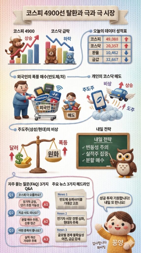 주식마감시황 코스피 4900 돌파! 삼성전자, 현대차 전망 및 금값 100만 원 시대 투자 전략