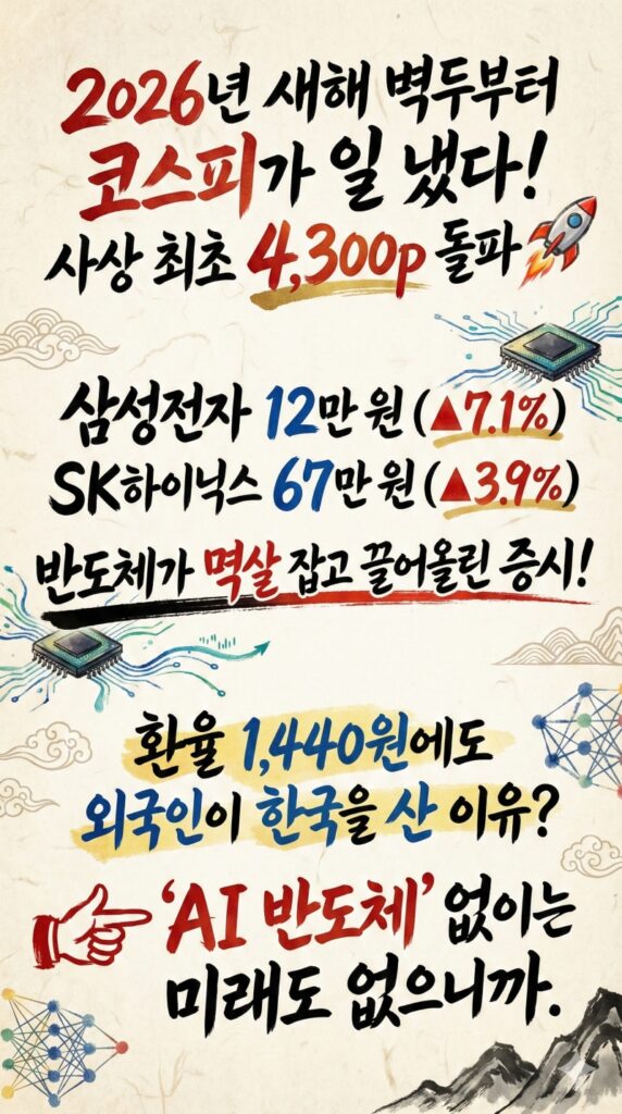 코스피 4300 돌파! 삼성전자 12만전자 시대, 2026년 주식 전망과 필수 ETF 추천 3 코스피 4300 돌파! 2026년 병오년(丙午年), 붉은 말의 해가 밝자마자 우리 증시가 그야말로 '적토마'처럼 질주했습니다. 새해 첫 거래일인 오늘, 코스피는 사상 처음으로 4,300포인트를 돌파하며 화려한 피날레가 아닌 새로운 서막을 알렸습니다.