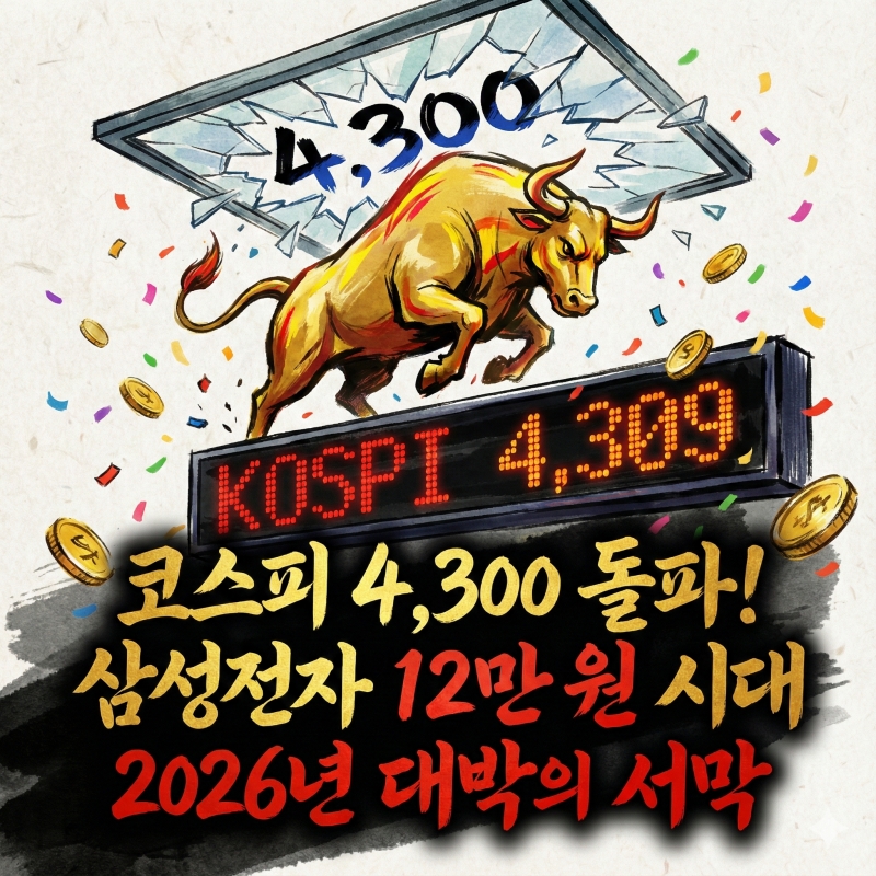 코스피 4300 돌파! 2026년 병오년(丙午年), 붉은 말의 해가 밝자마자 우리 증시가 그야말로 '적토마'처럼 질주했습니다. 새해 첫 거래일인 오늘, 코스피는 사상 처음으로 4,300포인트를 돌파하며 화려한 피날레가 아닌 새로운 서막을 알렸습니다.